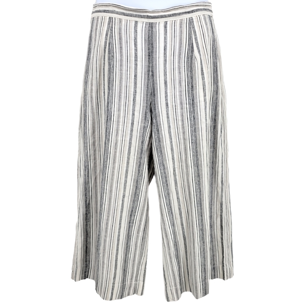 Beach lunch lounge wide leg cropped linen pants Grey white Faded Stripes Size M